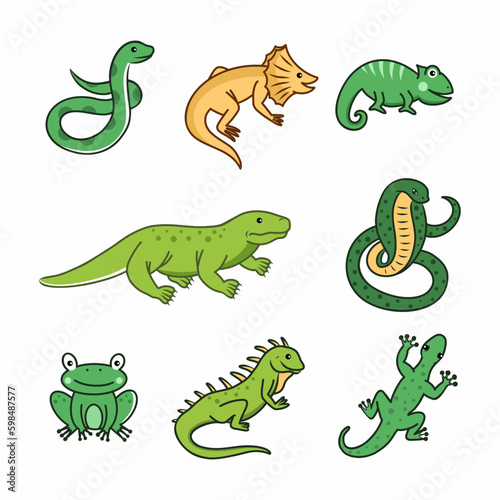 Snakes  lizards and reptiles. Set of illustrations with animals for children. Zoo. Vector drawing in cartoon style.