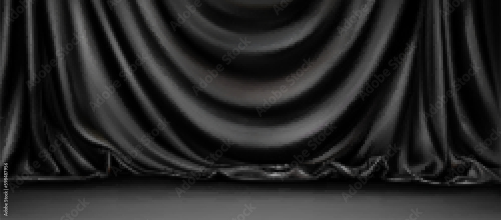 Vecteur Stock Background with black curtains on stage. Luxury silk fabric  drapes for backdrop in theater, cinema, presentation, grand opening event.  Elegant dark drapes on podium, vector realistic illustration | Adobe Stock