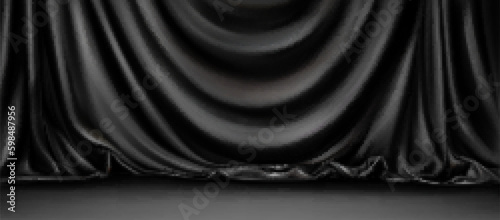 Background with black curtains on stage. Luxury silk fabric drapes for backdrop in theater, cinema, presentation, grand opening event. Elegant dark drapes on podium, vector realistic illustration