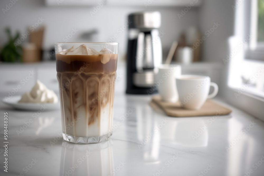 Glass of iced coffee on a clean white table. Glass of iced coffee on a clean white table.