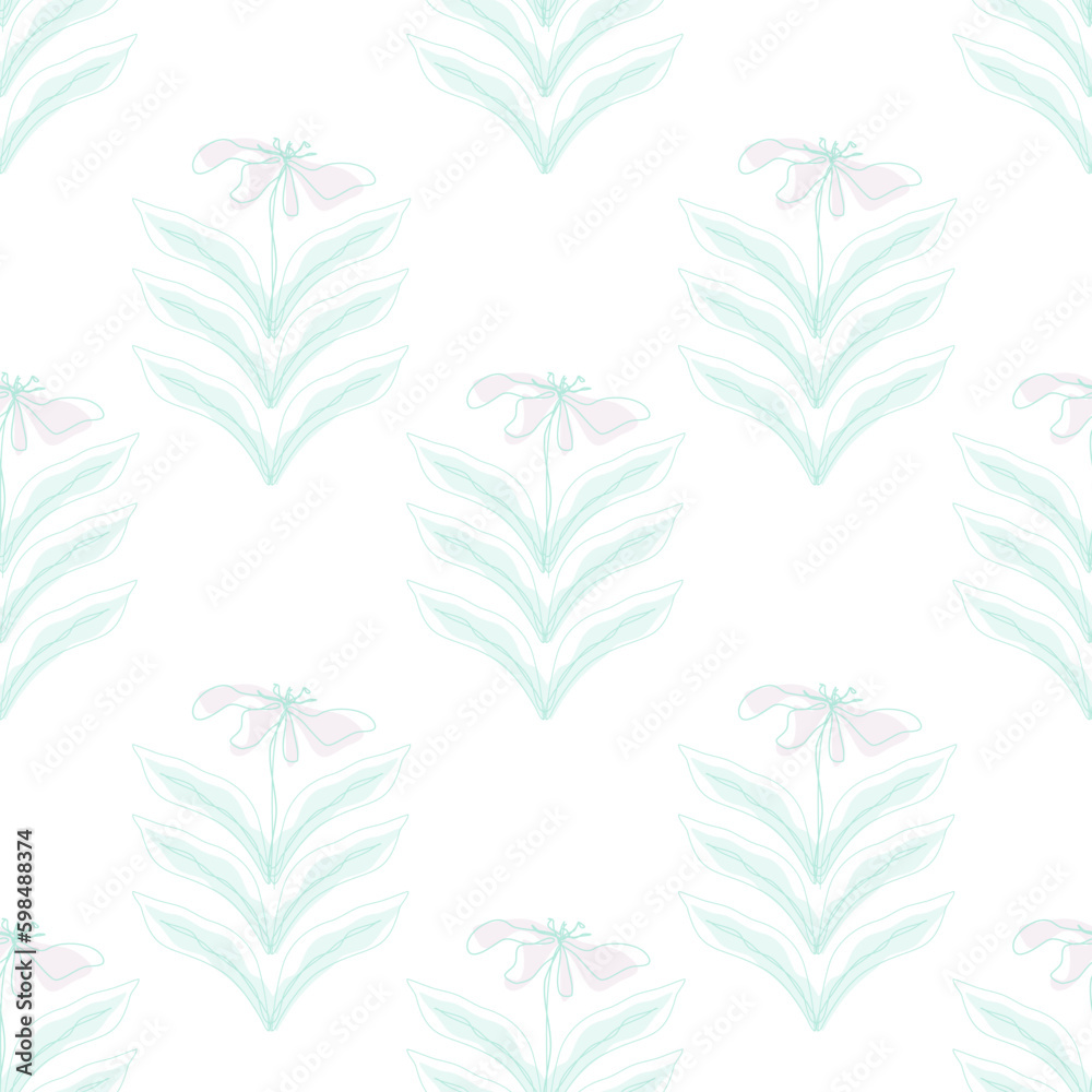 Fototapeta premium Pastel seamless pattern abstract floral with leaves on white background.