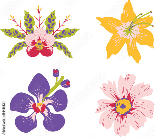 set of flowers. Set of vector hand drawn doodle flowers. Isolated on white background.