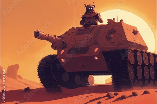 Man operating a robotic vehicle on a red planet in sci-fi scenery. Fantasy concept , Illustration painting. Generative AI