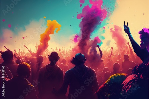 Revelers toss pigmented powder at Holi celebration. Fantasy concept , Illustration painting. Generative AI