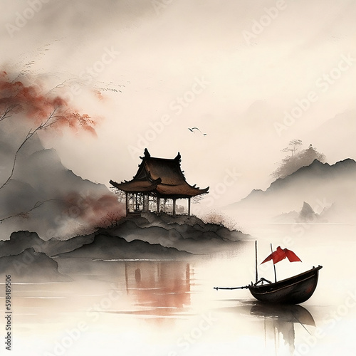 Traditional Chinese Fishing Boat Beside a Lake Near the Village Hall Painted with Muted Colors on a Parchment-like or Scroll Canvas | Generative AI