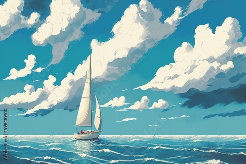 Sailboat on the ocean with summer sky and massive clouds. Fantasy concept , Illustration painting. Generative AI