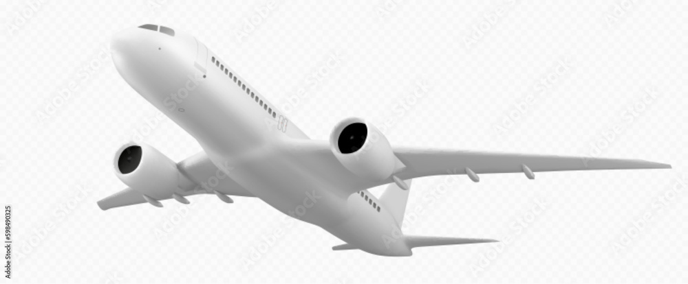 Realistic 3D plane isolated on transparent background. Vector illustration of white aircraft mockup for passenger, freight transportation, international mail delivery. Transport for travel on vacation - obrazy, fototapety, plakaty 
