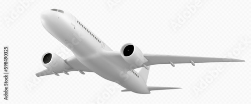 Realistic 3D plane isolated on transparent background. Vector illustration of white aircraft mockup for passenger, freight transportation, international mail delivery. Transport for travel on vacation