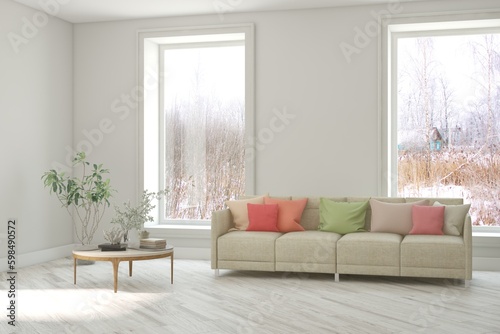 White living room with sofa and winter landscape in window. Scandinavian interior design. 3D illustration