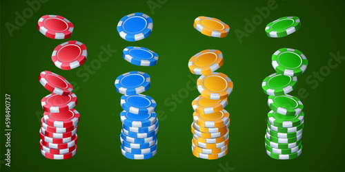 Gamble casino falling poker chips stack vector set. Plastic blue, green, red and yellow blackjack gambling money 3d realistic illustration. Isolated color blank playing currency for roulette design