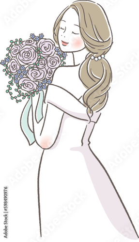 ブーケを持つウェディングドレスを着た女性