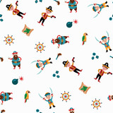Pirate seamless pattern. Pirates, treasure map, parrot, bomb. Design for fabric, textile, wallpaper, packaging.