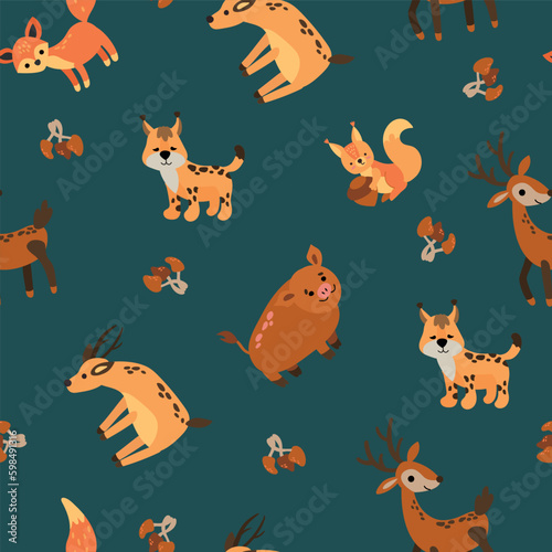 Seamless pattern with forest animals. Squirrel, wild boar, lynx, deer, roe deer. Design for fabric, textile, wallpaper, packaging.