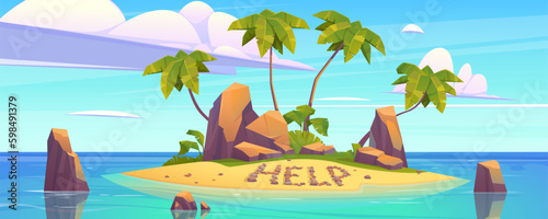 Uninhabited tropical sea island cartoon landscape. Tiny isle scene with rock and palm tree on sea shore beach. Loneliness paradise calm ocean water and help text with stone on sand panoramic view