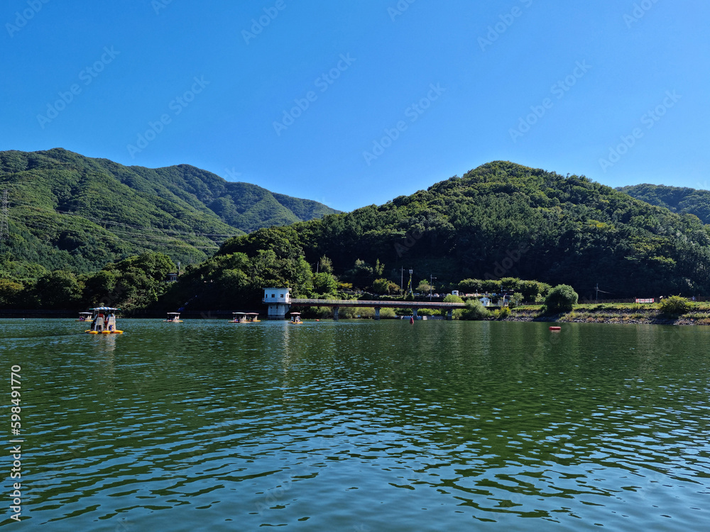 
It is a lake with an observation deck