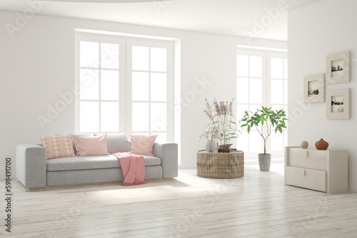 White living room with sofa. Scandinavian interior design. 3D illustration