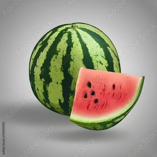 Full watermelon and half slice of watermelon. Isolated watermelon on white background