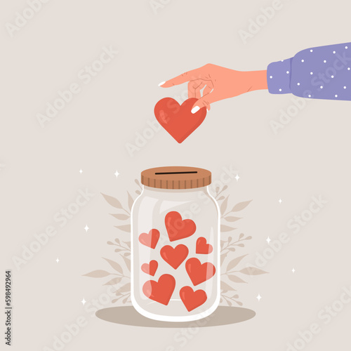 Donation glass jar with red hearts. Female hand throw heart in huge bottle for donate. Give and share your love. Support for poor people and children. Vector illustration in flat cartoon Generative AI