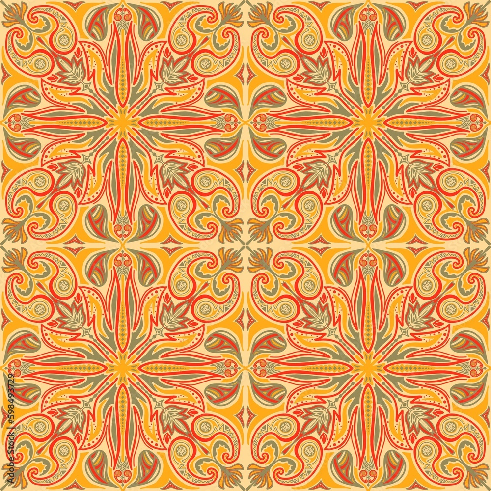 Seamless pattern based on an ornament with a Paisley bandana print, scarf around the neck, print on fabric, wallpaper Seamless pattern based on an ornament with a Paisley bandana print, scarf around the neck, print on fabric, wallpaper