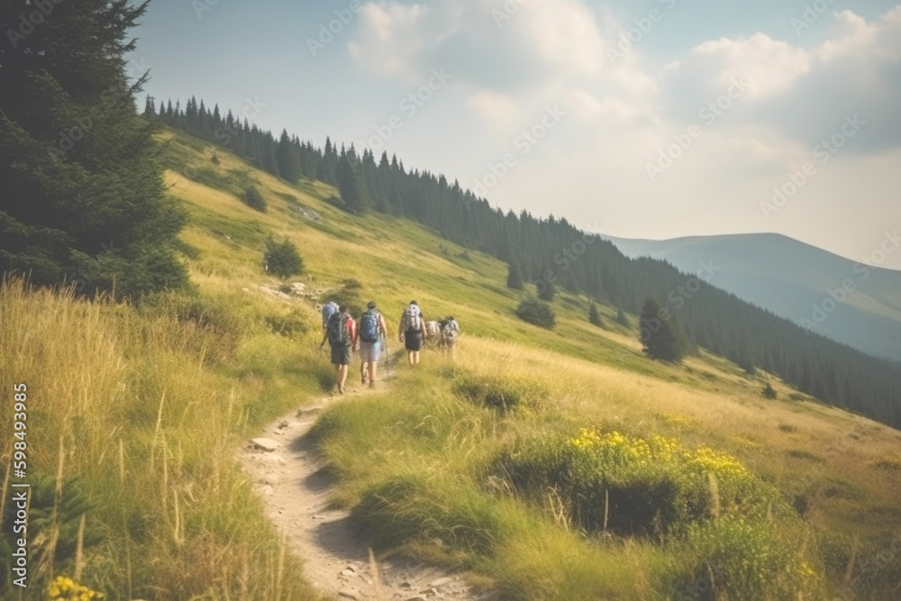 Backpackers with colorful backpacks walk along mountain path. Eco travel ecotourism. Generative Ai content