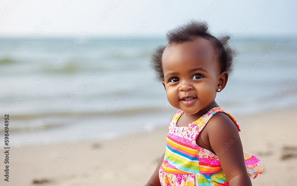 Black dark-skinned african american toddler little girl in summer on the beach. Generative AI Generative AI Black dark-skinned african american toddler little girl in summer on the beach. Generative AI Generative AI