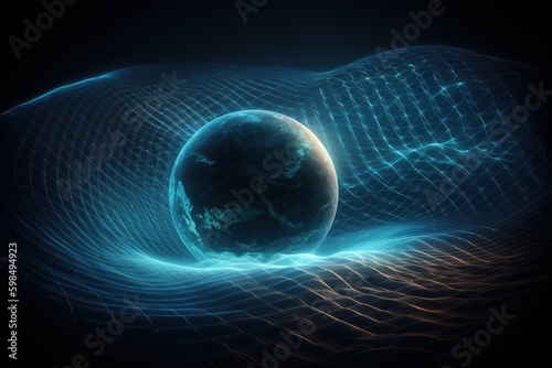 Gravity planet earth, gravitational waves concept. Physical and technology background. Design with gravity grid and spheres, line warp, Curved spacetime. In general theory relativity. Generative AI