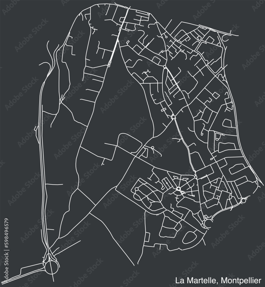Detailed hand-drawn navigational urban street roads map of the LA MARTELLE NEIGHBOURHOOD of the French city of MONTPELLIER, France with vivid road lines and name tag on solid background