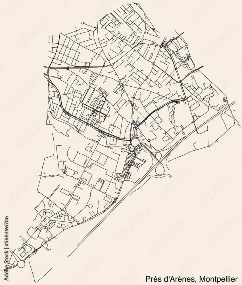 Detailed hand-drawn navigational urban street roads map of the PRES D’ARENES QUARTER of the French city of MONTPELLIER, France with vivid road lines and name tag on solid background