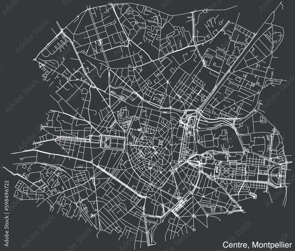 Detailed hand-drawn navigational urban street roads map of the CENTRE QUARTER of the French city of MONTPELLIER, France with vivid road lines and name tag on solid background