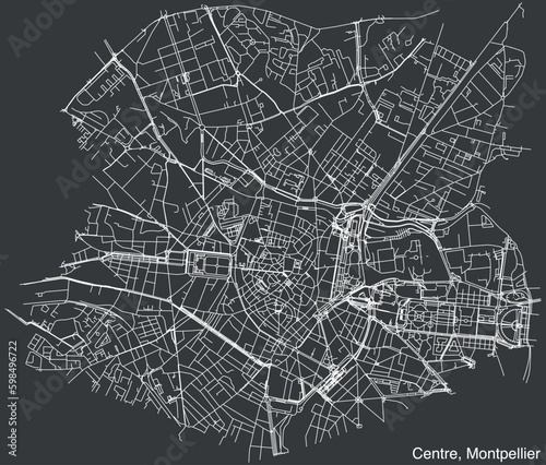 Detailed hand-drawn navigational urban street roads map of the CENTRE QUARTER of the French city of MONTPELLIER, France with vivid road lines and name tag on solid background