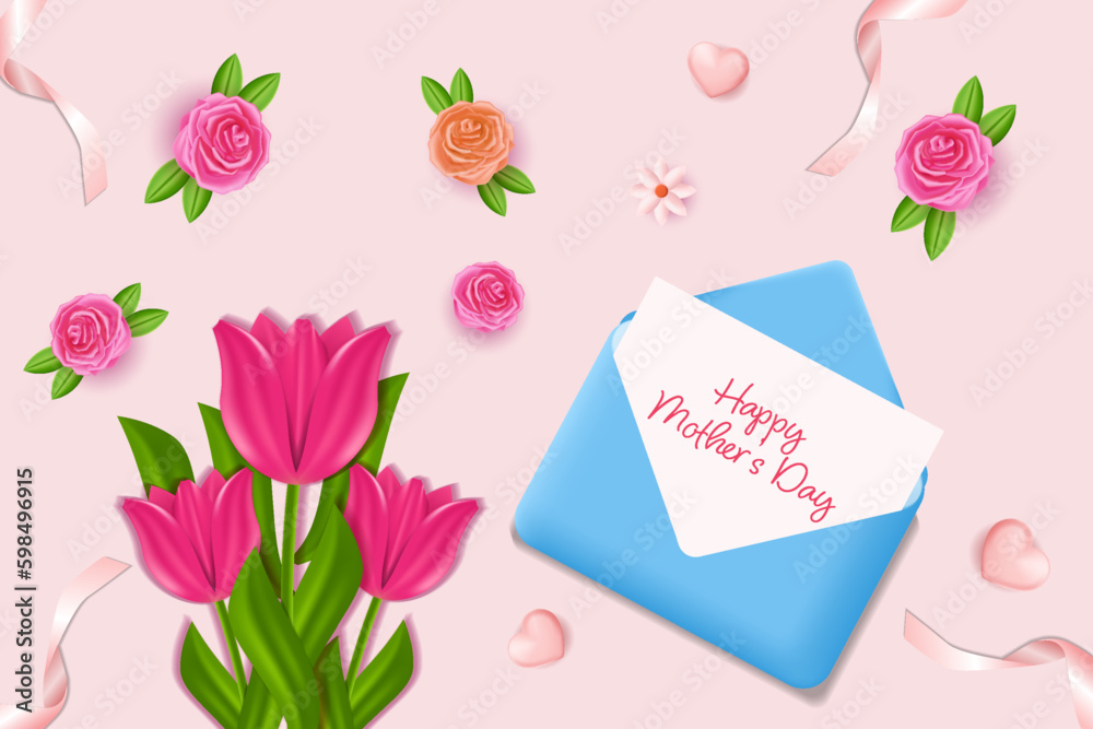 realistic happy mother's day banner illustration with flowers and envelope