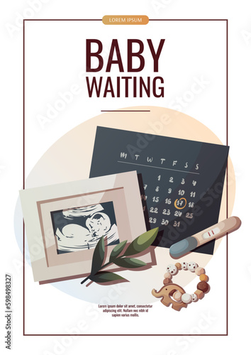 Flyer design with monthly calendar, ultrasound baby picture, pregnancy test. Baby waiting, pregnancy, sonogram concept. A4 vector illustration for flyer, poster, banner, advertising.