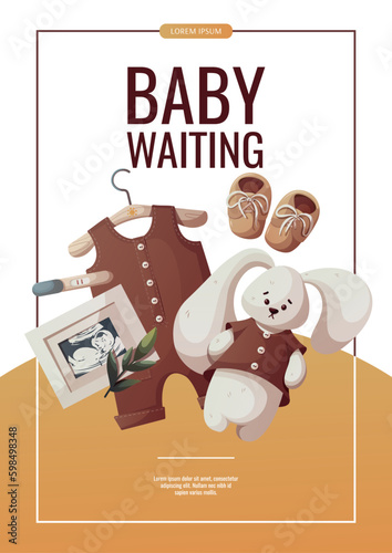 Flyer design with baby romper, plush bunny, ultrasound baby picture. Baby waiting, baby clothes, pregnancy, sonogram concept. A4 vector illustration for poster, banner, flyer, advertising.