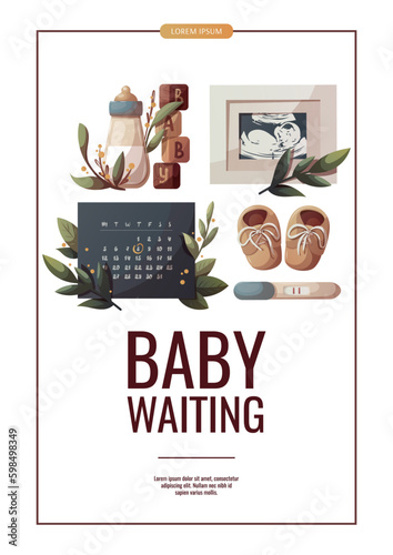 Monthly calendar, ultrasound baby picture, Positive pregnancy test, baby bottle. Baby waiting, pregnancy, sonogram concept. A4 Vector illustration for poster, banner, flyer, advertising.