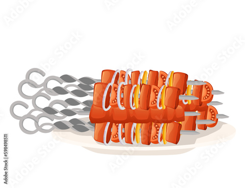 Roasted bbq food meat on skewer kebab or shashlik vector illustration isolated on white background
