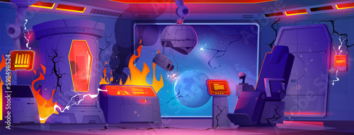 Fire smoke in cryogenic laboratory with capsule cartoon background. Futuristic broken cryogen lab interior room after accident. Hibernation experiment in burnt spaceship with damage equipment. photo