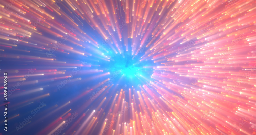 Obraz premium Abstract spiral tunnel of beautiful flying glowing magical particles bokeh yellow gold energy circles on a dark background. Abstract background