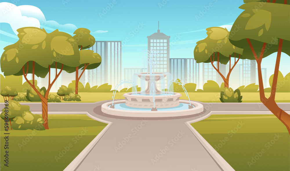 Spring or summer park landscape with trees fountain and modern city on background vector illustration - obrazy, fototapety, plakaty 