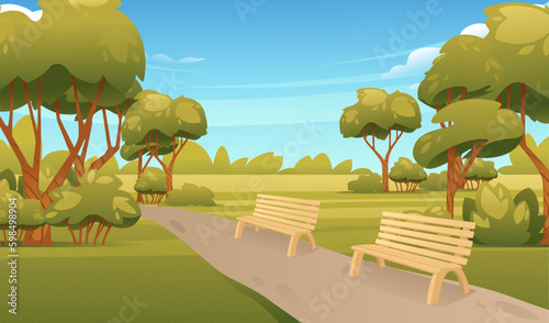 Spring or summer park landscape with trees benches and sunny blue sky vector illustration