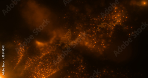 Abstract background of orange yellow fiery flying energy particles of energy magic waves with glow effect and bokeh blur