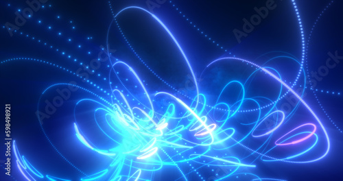Abstract blue and purple glowing neon lines and circles energy laser flying on a black background
