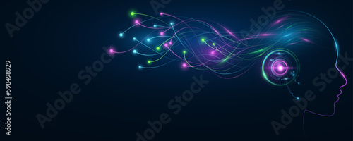 Artificial intelligence analyzes data information with neural networks. Cybernetic sci-fi concept. Glowing neural connectors from the head of a cyborg. Vector illustration