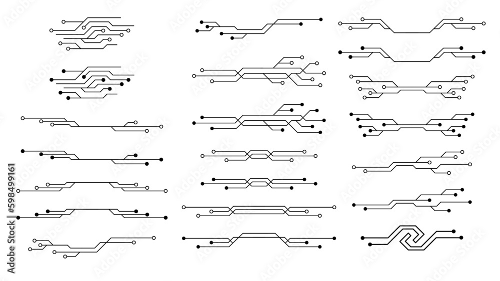 Set of printed circuit board PCB tracks silhouettes isolated on white background. Technical clipart. Dividers for design. Vector element.