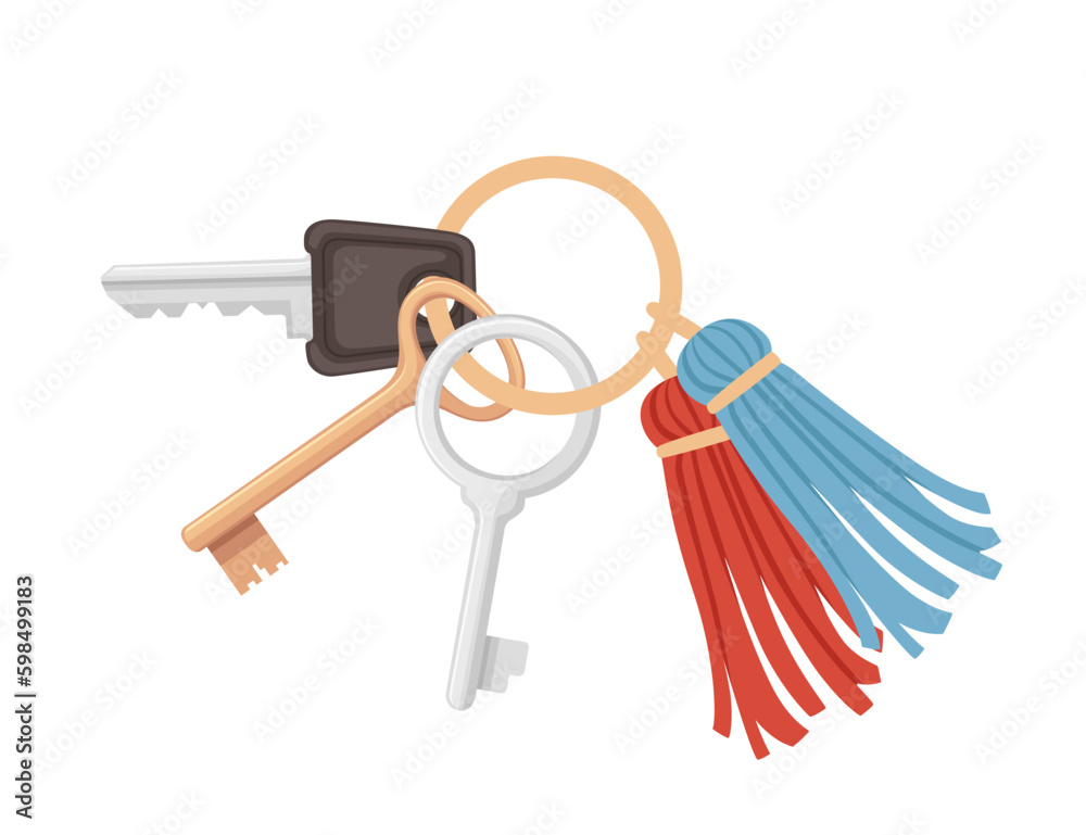 Steel ring home keychain with different keys vector illustration isolated on white background Steel ring home keychain with different keys vector illustration isolated on white background