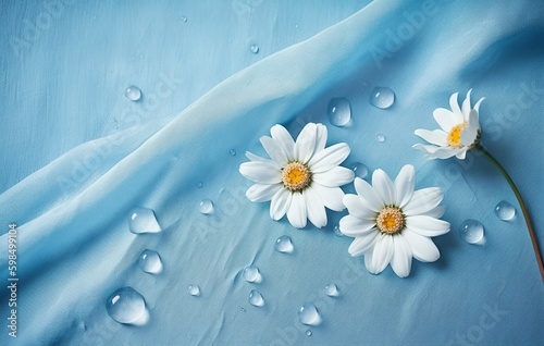 Spring rustic background of blue cloth with white wildflowers  in the style of minimalist still life  water drops  pastel color scheme. Daisies  wedding still life with white ribbon. AI