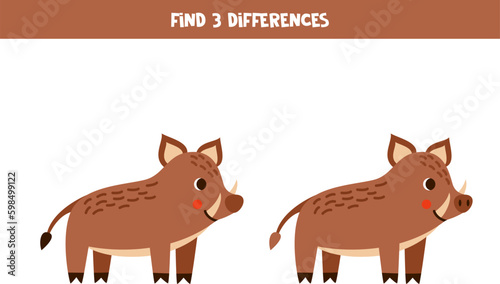 Find 3 differences between two cute cartoon boars.
