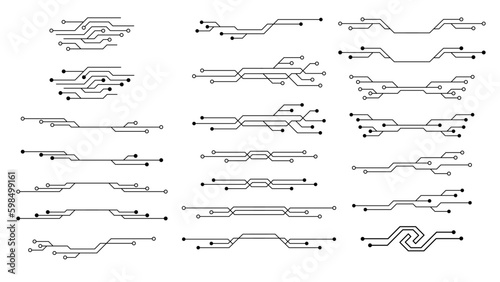 Set of printed circuit board PCB tracks silhouettes isolated on white background. Technical clipart. Dividers for design. Vector element.
