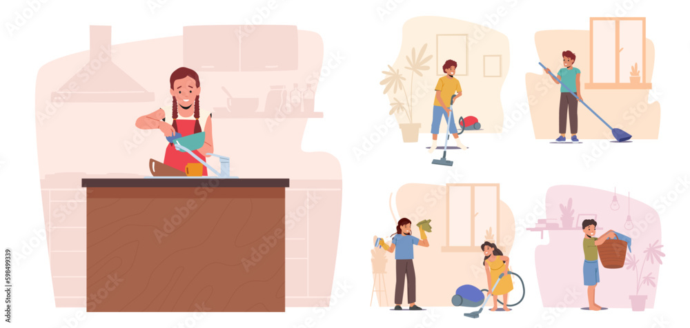 girls washing dishes kitchen vacuuming sweeping floor