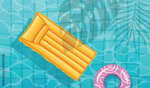 Swimming pool with clear water rubber ring and floating mattress ceramic tiles on the bottom vector illustration
