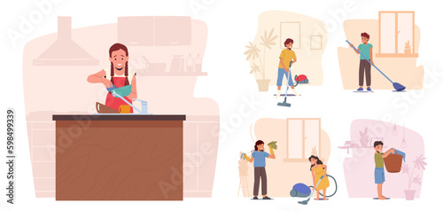 girls washing dishes kitchen vacuuming sweeping floor